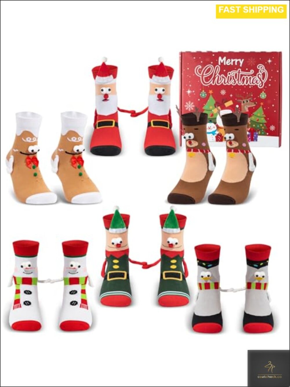 6 Pairs Christmas Magnetic Hand Holding Socks Gift Box Cotton Blend Couple